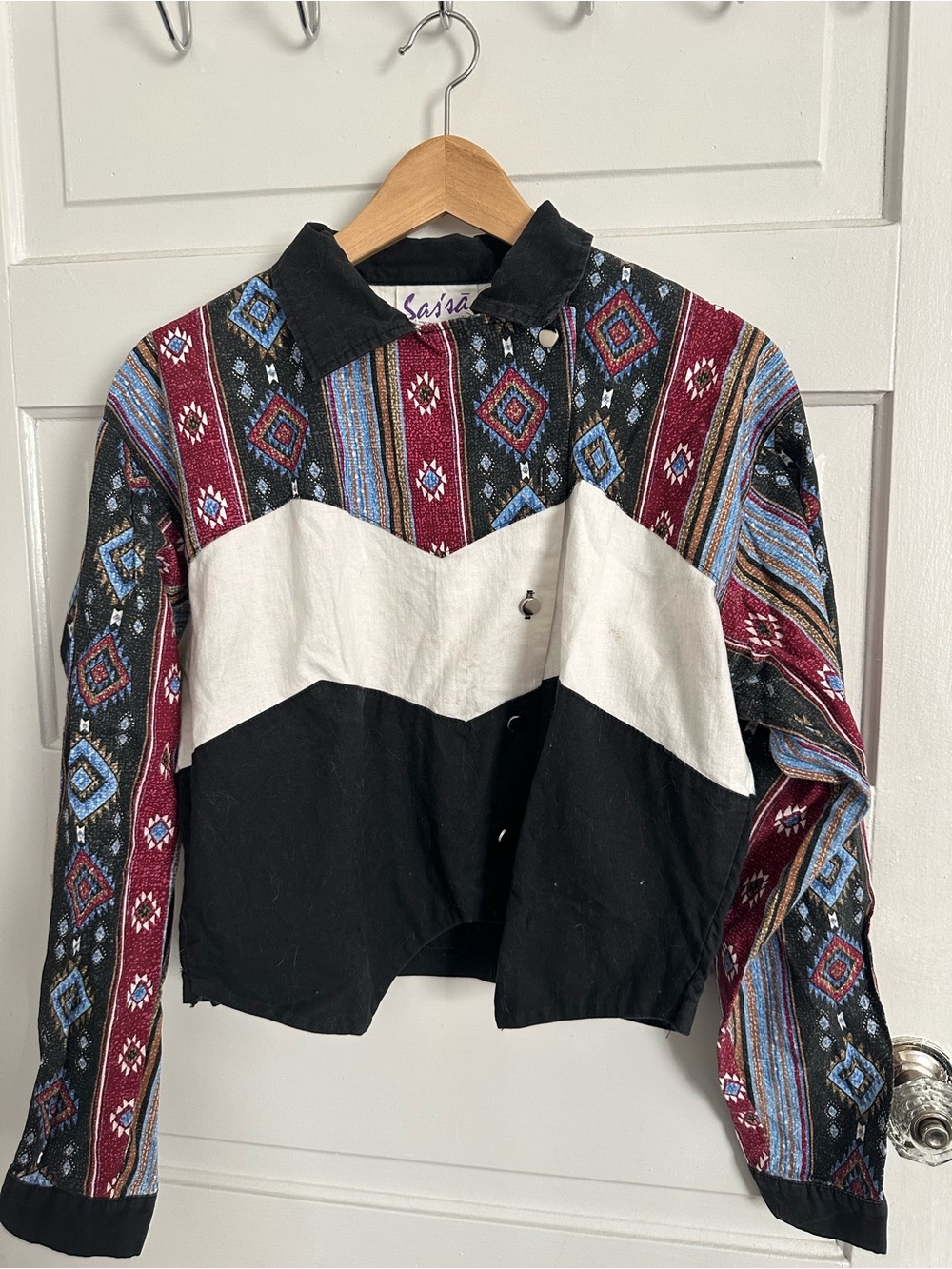 Vintage Sas’sa Western Wear Patterned Cropped Blazer with Black & White Panels